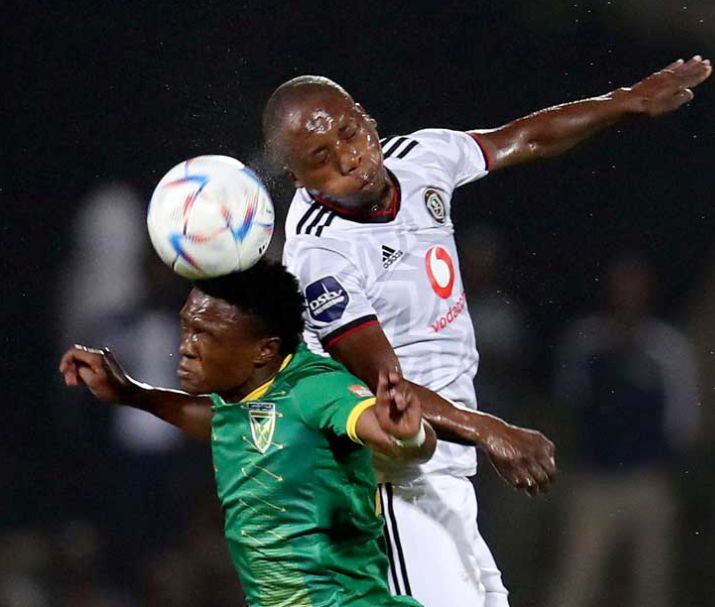 Nkosi contesting a header for Golden Arrows against Orlando Pirates